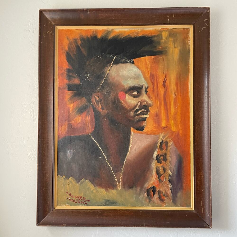 Vintage Original Framed Portrait Man African Warrior